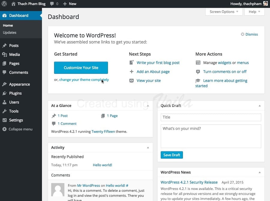 Trang quản trị của WordPress sau khi cài đặt