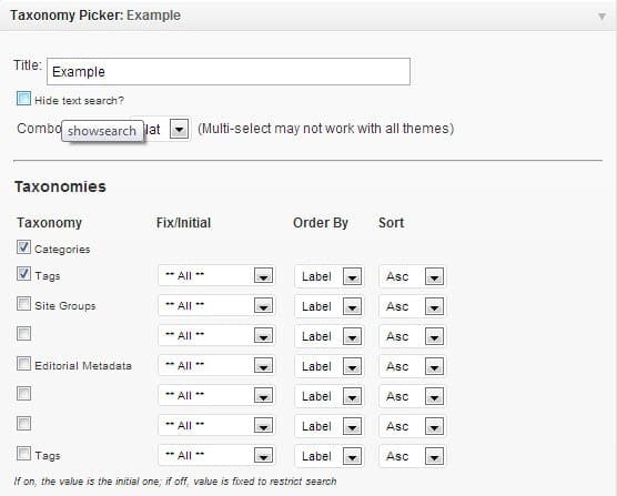 Thiết lập trong widget Taxonomy Picker