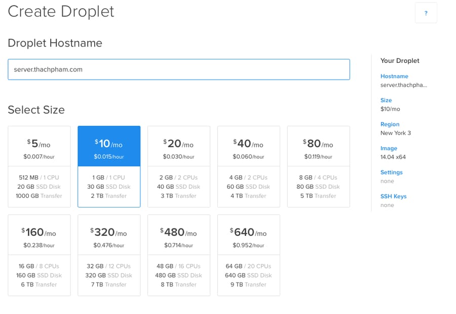 Nhập thông tin khi tạo VPS tại DigitalOcean