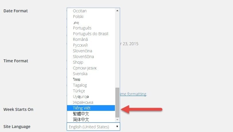 Chọn ngôn ngữ tiếng Việt cho WordPress