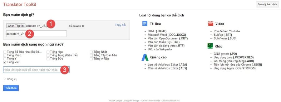 Upload file .po cần dịch lên