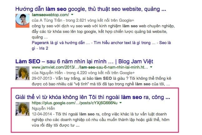 Kết quả trả từ Google Plus