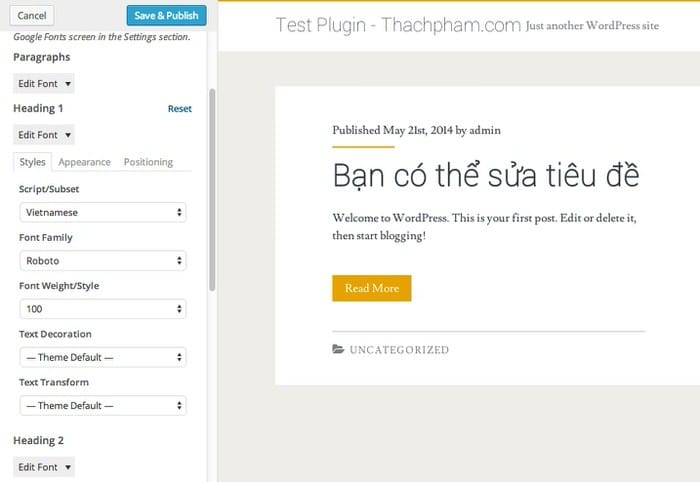 Khu vực làm việc trong Easy Google Font