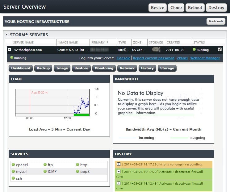 Bảng quản trị server của LiquidWeb