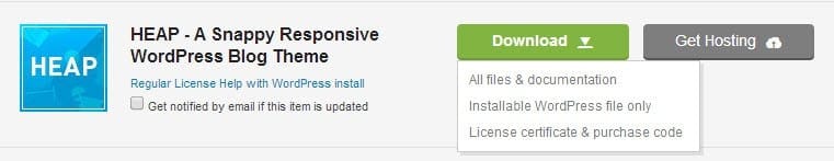 Tùy chọn tải theme từ ThemeForest sau khi mua