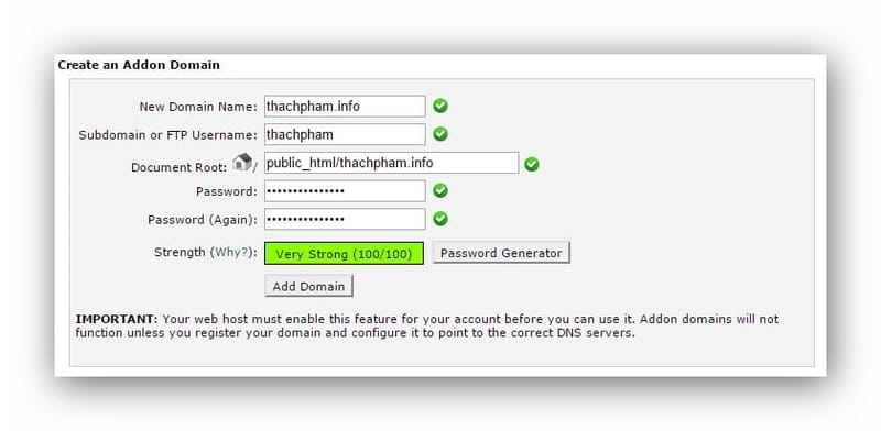 Thêm tên miền (addon domain) vào host cPanel