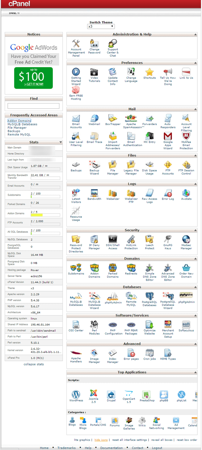 Giao diện cPanel của InmotionHosting