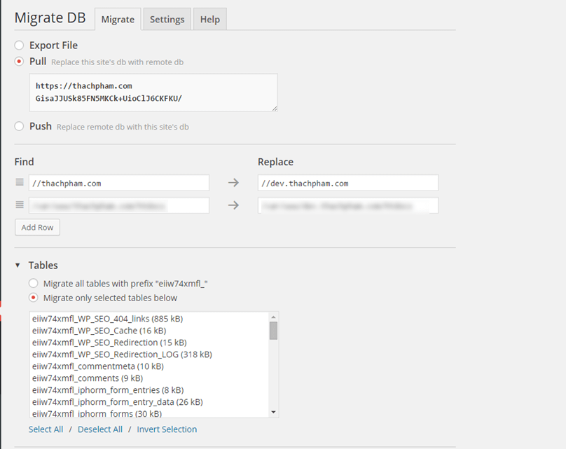 Giao diện của WP DB Sync