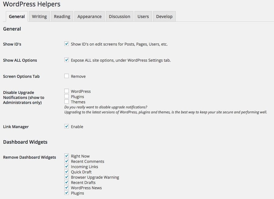 Trang thiết lập của WordPress Helpers