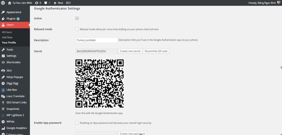 Lấy Secret Key hoặc QR Code của tài khoản