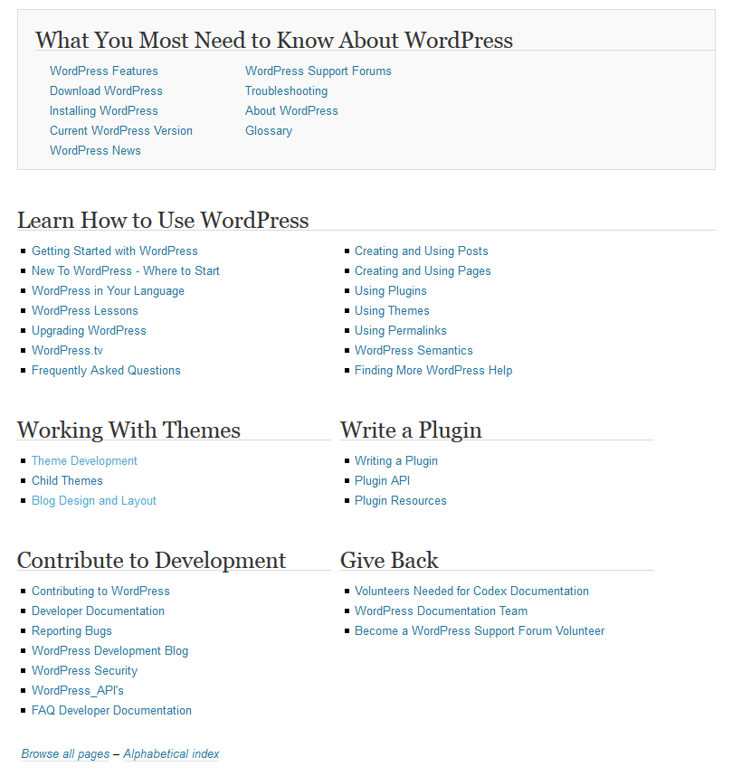 Cấu trúc nội dung tại WordPress Codex