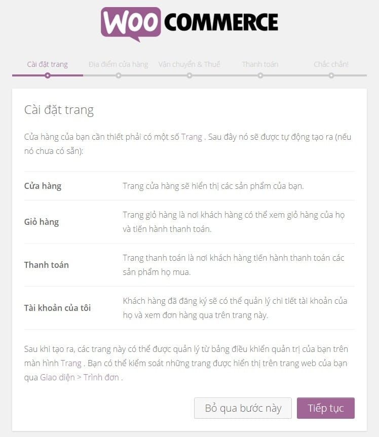 Cài đặt trang cần thiết cho Woocommerce