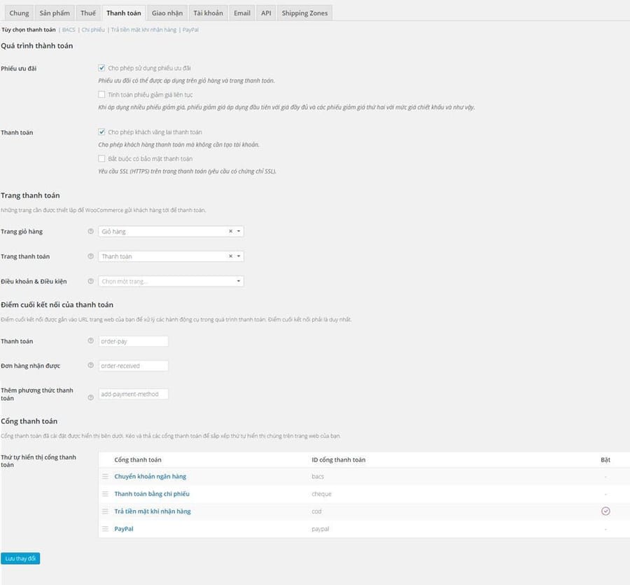 Các thiết lập thanh toán trong Woocommerce