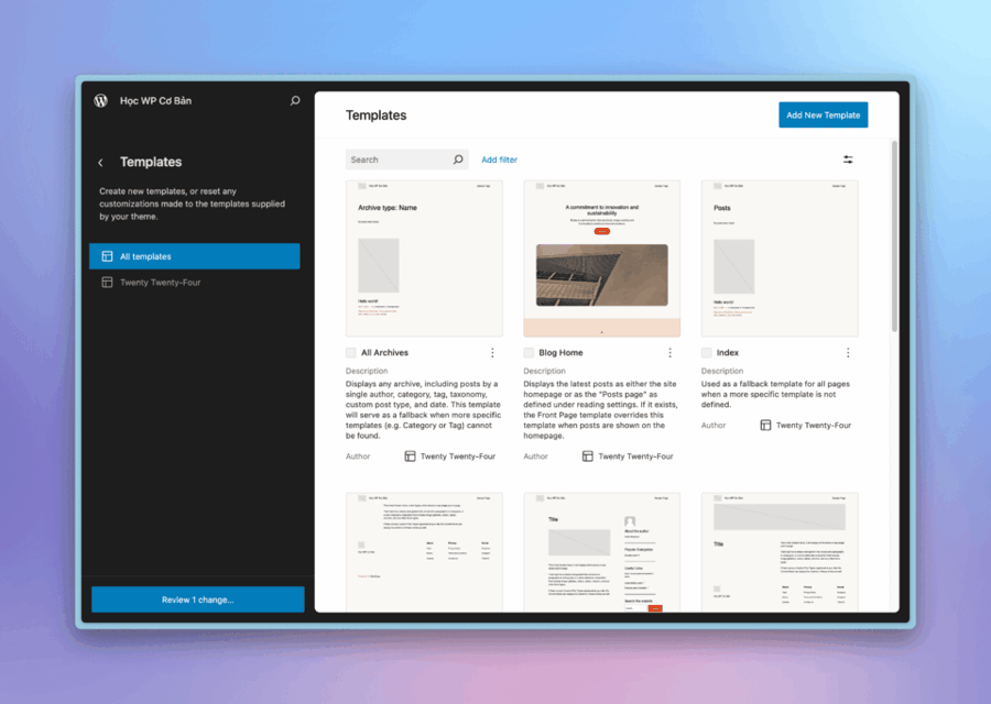 Giao diện quản lý các templates trong Full Site Editing