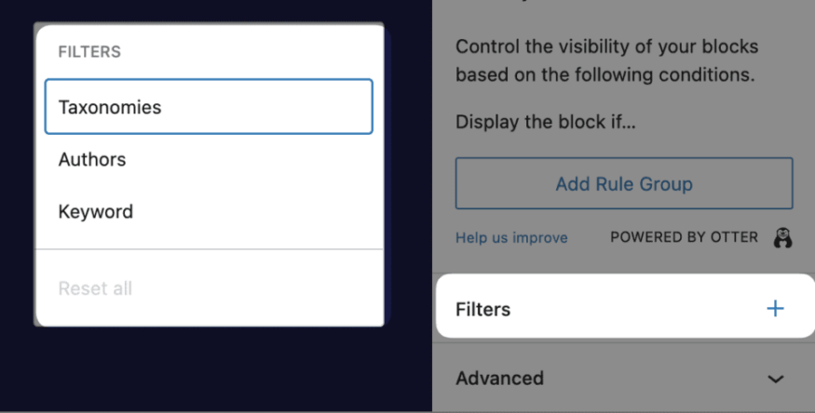 Tuỳ chọn Filters trong Query Loop